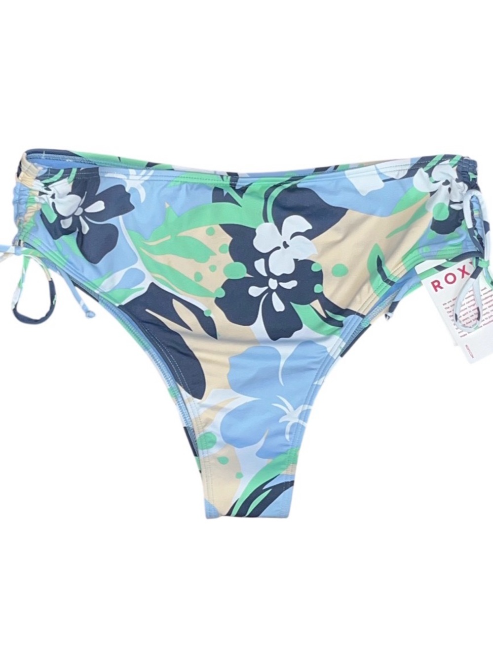 Roxy Beach Classic Mid Lace Up Blue Floral White Swim Bikini Bottoms Medium NWT
